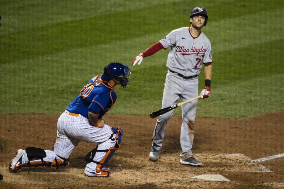 Washington Nationals' Trea Turner (7) reacts after striking out to end a baseball game against the New York Mets Wednesday, Aug. 12, 2020, in New York. The Mets won 11-6. (AP Photo/Frank Franklin II)