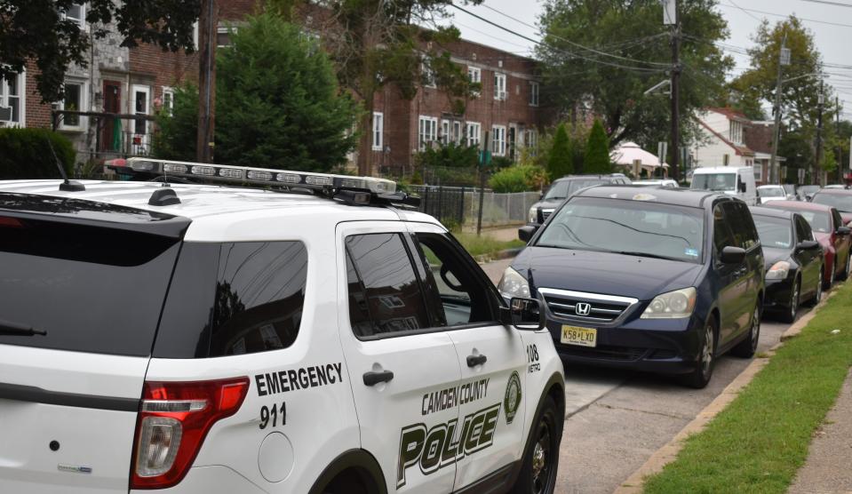 A CamdenCounty Police car is posted Thursday near the scene of a shooting on the 2900 block of Clinton Street.