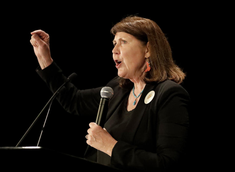 FILE - IN this Nov. 8, 2016 file photo, Democratic senatorial candidate U.S. Rep. Ann Kirkpatrick, D-Ariz., speaks to supporters during an election night party in Phoenix. Kirkpatrick, a five-term Arizona Democrat, announced Friday, March 12, 2021, she won't run for reelection in 2022. (AP Photo/Matt York, File)