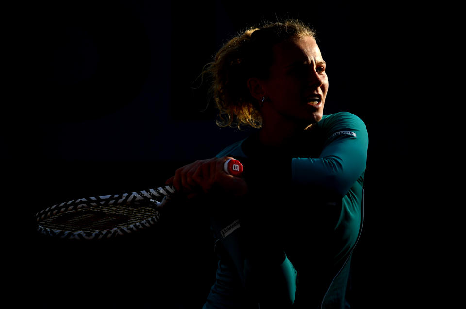 Katerina Siniakova of The Czech Republic during her ladies singles first round match against Elena Rybakina of Kazakhstan during Day three of the 2019 French Open at Roland Garros on May 28, 2019 in Paris, France. (Photo by Clive Mason/Getty Images)