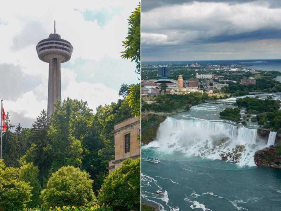 Der Turm (L) und die Aussicht vom Turm (R)