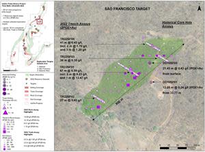 Figure 3: Plan map of the São Francisco target, locating Trado® auger holes, and 2022 trenches excavated along the main mineralized trend.