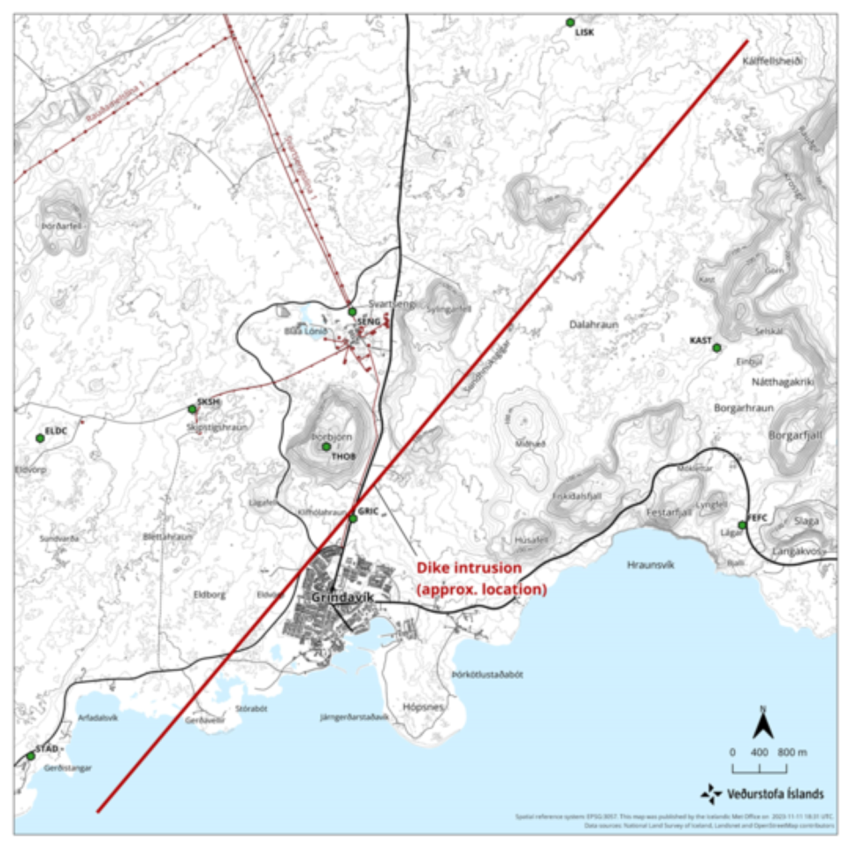 map showing a magma tunnel beneath part of iceland