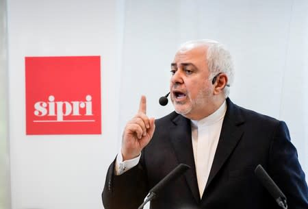 Iran's Foreign Minister Javad Zarif holds a lecture at Stockholm International Peace Research Institute in Stockholm