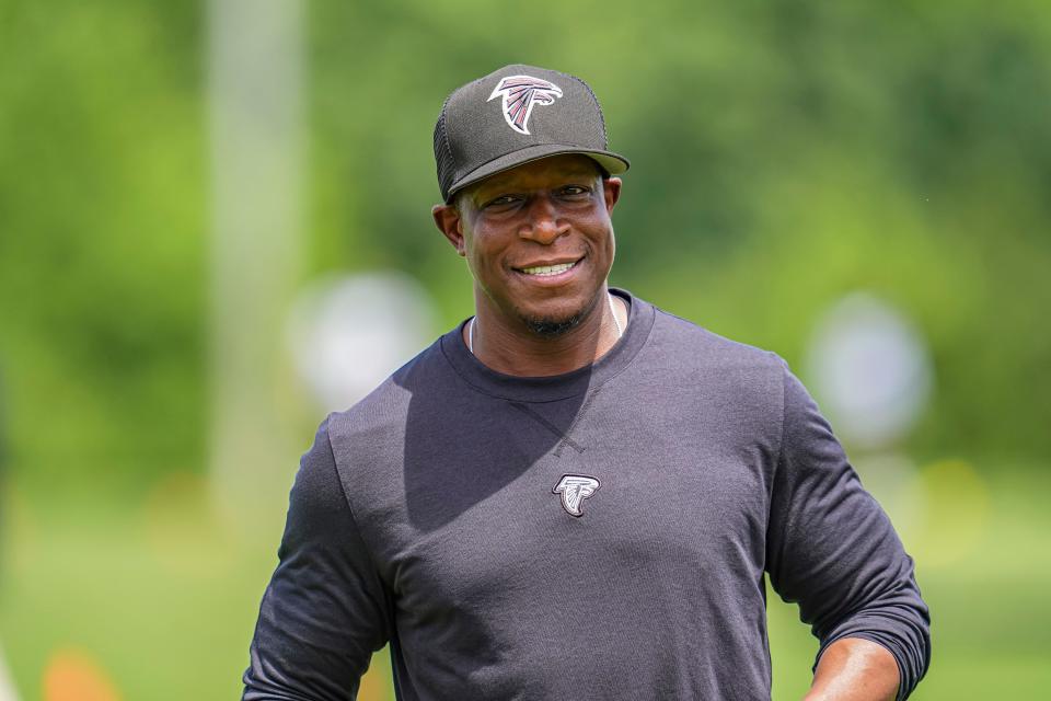 Atlanta Falcons head coach Raheem Morris shown during Falcons OTA at the Falcons Training facility.