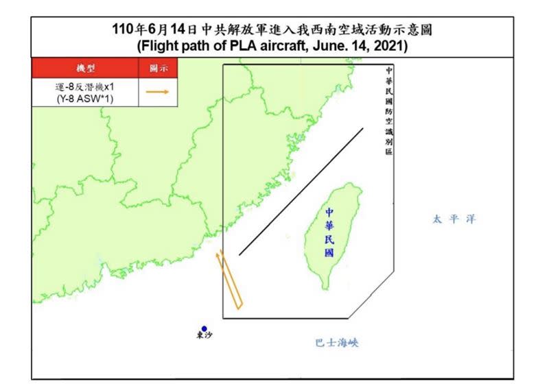 黃色圖示為共機飛行路線。（圖／翻攝自國防部網站）