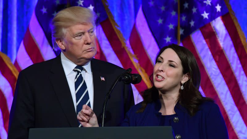 Republican National Committee Chairwoman Ronna Romney McDaniel speaks at a fundraiser at Cipriani in New York with President Donald Trump in this 2017 file photo.