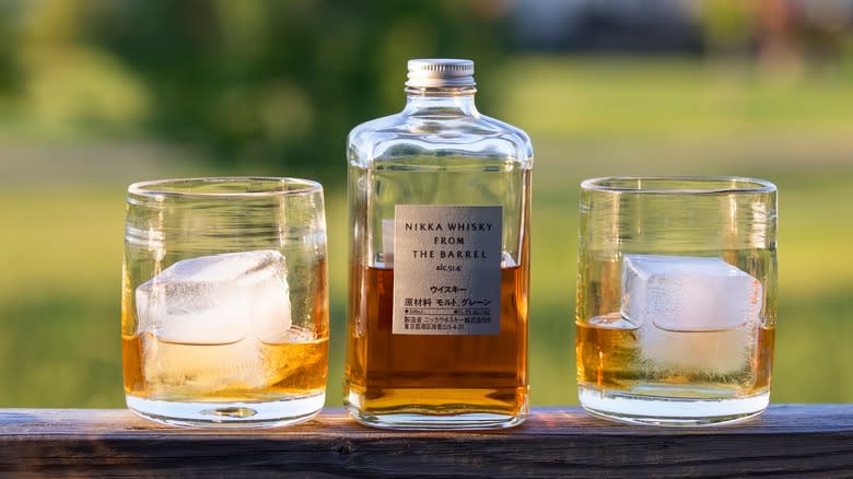 nikka whisky in bottle and glasses