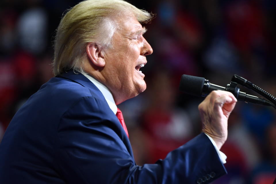 US President Donald Trump speaks during a campaign rally at the BOK Center on June 20, 2020 in Tulsa, Oklahoma. - Hundreds of supporters lined up early for Donald Trump's first political rally in months, saying the risk of contracting COVID-19 in a big, packed arena would not keep them from hearing the president's campaign message. (Photo by Nicholas Kamm / AFP) (Photo by NICHOLAS KAMM/AFP via Getty Images)