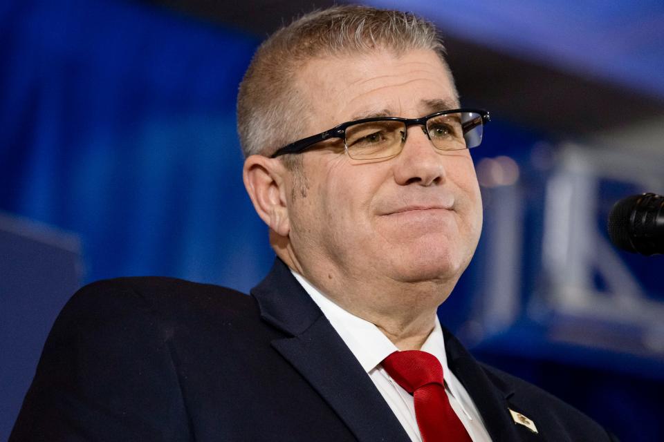 Republican gubernatorial candidate Darren Bailey concedes to Illinois Gov. J.B. Pritzker on election night Tuesday, Nov. 8, 2022, at the Crowne Plaza in Springfield, Ill. (Brian Cassella/Chicago Tribune via AP)