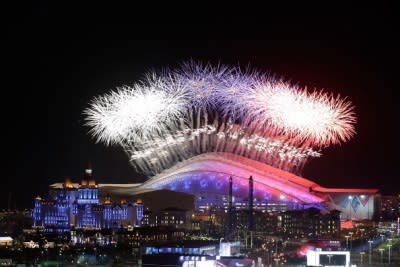 A general view of fireworks over Fisht Olympic Stadium during the Opening Ceremony of the Sochi 2014 Winter Olympics on February 7, 2014 in Sochi, Russia.