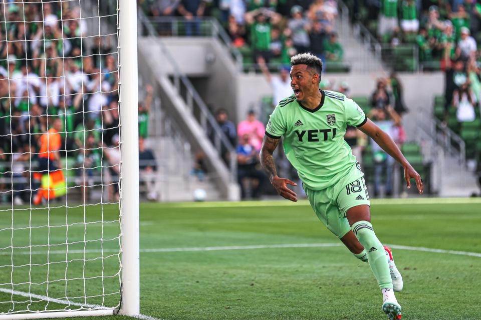 Austin FC defender Julio Cascante celebrates scoring the team's second goal in a 5-1 win over Inter Miami CF in March. The center back has started all 10 games this season.