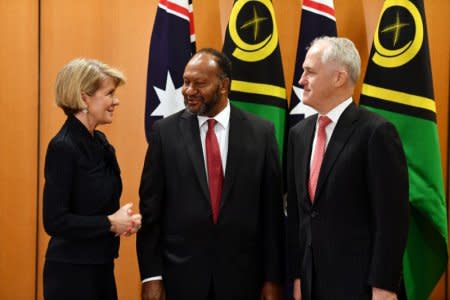 Australian Foreign Minister Julie Bishop speaks to Vanuatu Prime Minister Charlot Salwai and Australian Prime Minister Malcolm Turnbull before a bilateral meeting at Parliament House in Canberra, Australia, June 25, 2018. AAP Image/Mick Tsikas/via REUTERS