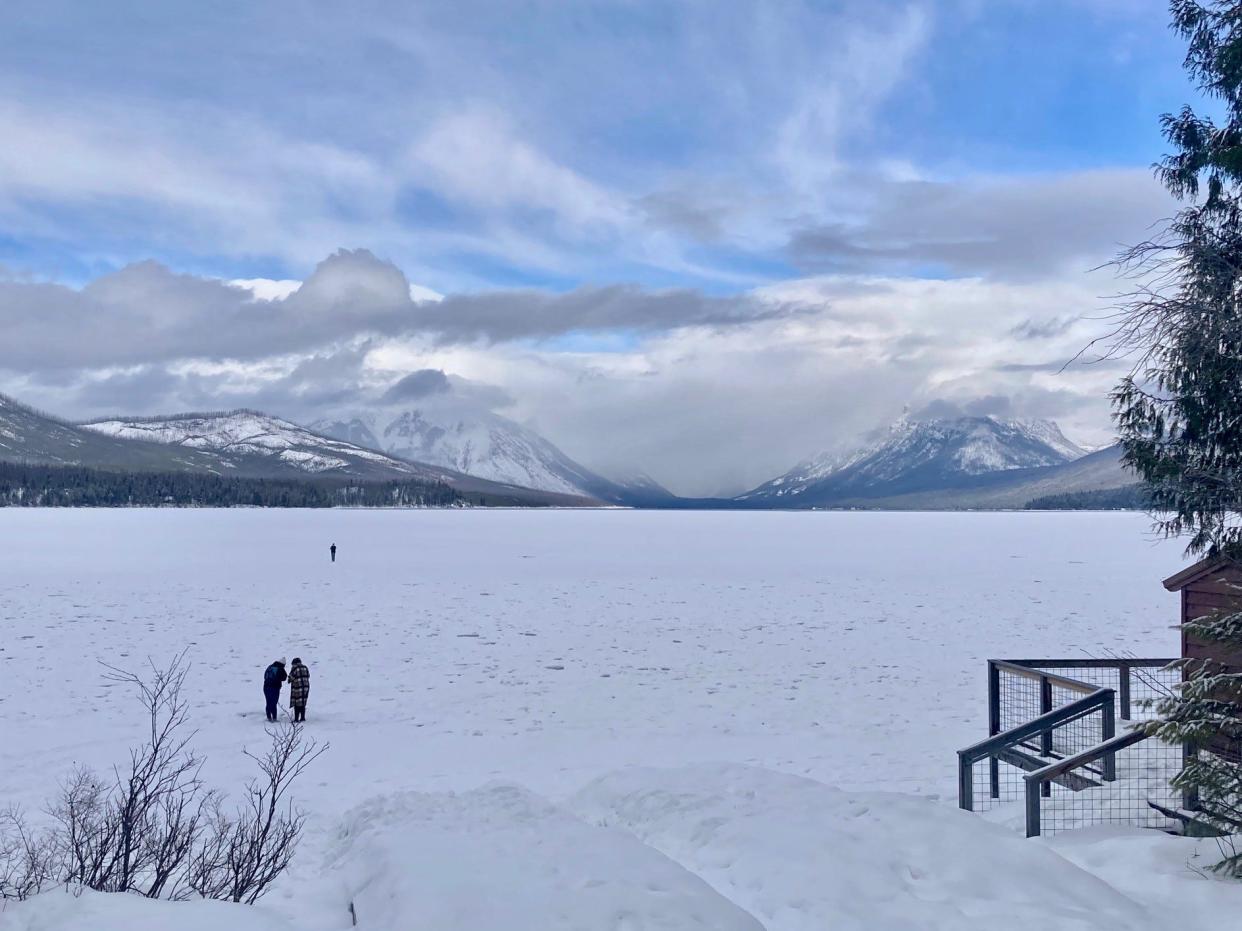 Frozen Lake McDonald in Glacier Park, looking northeast into the park.