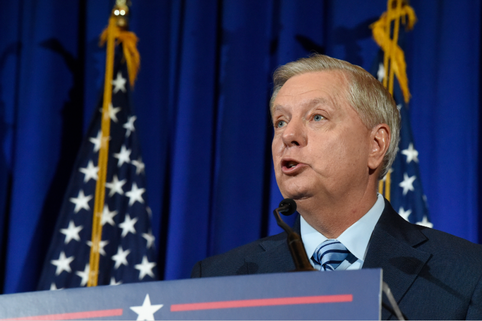 Sen. Lindsey Graham makes his victory speech after winning another term in office on Nov. 3.