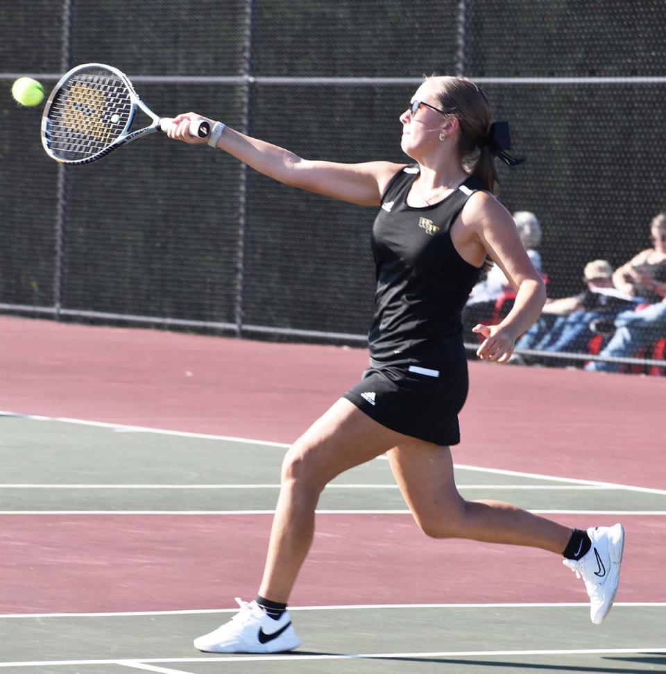 Cassidy Zeiler of Western Wayne shows off her athleticism during an exciting point versus Honesdale in Lackawanna League girls varsity tennis action.