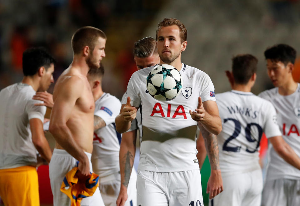 Soccer Football – Champions League – Apoel Nicosia vs Tottenham Hotspur – GSP Stadium, Nicosia, Cyprus – September 26, 2017 Tottenham’s Harry Kane celebrates with the matchball after the match Action Images via Reuters/Matthew Childs