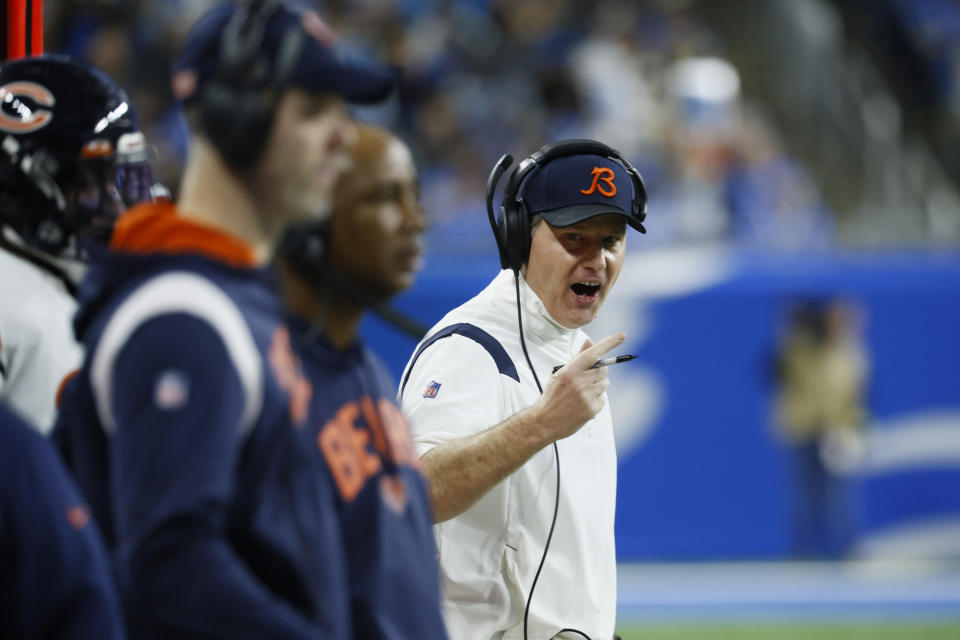 Chicago Bears head coach Matt Eberflus yells on the sideline during the second half of an NFL football game against the Detroit Lions, Sunday, Jan. 1, 2023, in Detroit. (AP Photo/Duane Burleson)