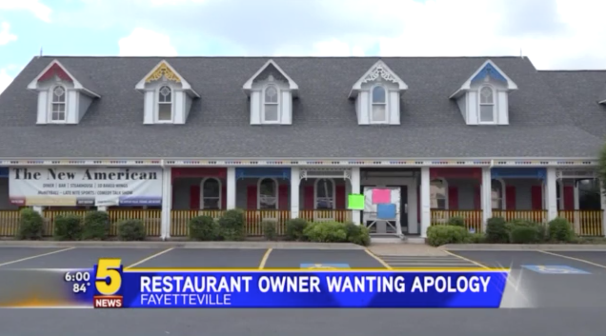 The owner of The New American restaurant in Fayetteville, Ark. is asking for an apology from the LGBTQ community and liberals after, he says, he was publicly shamed and it prevented the restaurant's opening. (Photo: KFSM)