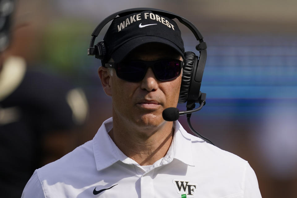 Wake Forest head coach Dave Clawson watches during the second half of an NCAA college football game against Louisville on Saturday, Oct. 2, 2021, in Winston-Salem, N.C. (AP Photo/Chris Carlson)