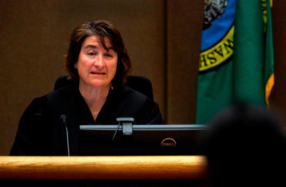 Judge Jacqueline Stam conducts criminal docket proceedings in a Benton County Superior Courtroom at the Benton County Justice Center in Kennewick.