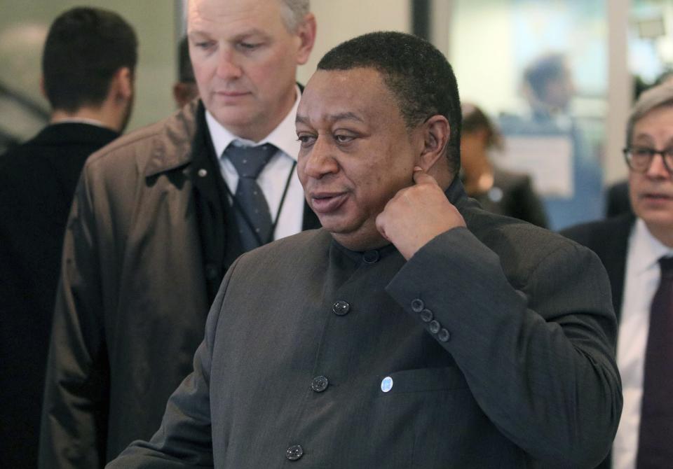 Mohammad Sanusi Barkindo, OPEC Secretary General of Nigeria arrives for a meeting of the Organization of the Petroleum Exporting Countries, OPEC at their headquarters in Vienna, Austria, Thursday, Dec. 5, 2019. (AP Photo/Ronald Zak)