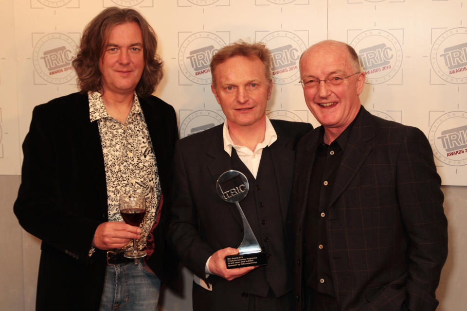 LONDON, ENGLAND - MARCH 09: James May (L) and Oz Clarke (R) pose with their best documentary programme award in the press room at the TRIC Awards 2010 held at The Grosvenor House Hotel on March 9, 2010 in London, England. (Photo by Dave Hogan/Getty Images)