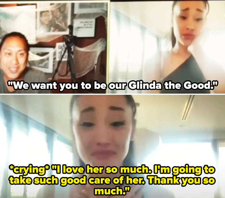 Ariana Grande on a video call with Jon M. Chu saying, "I love her so much. I'm going to take such good care of her" after being cast as Glinda in Wicked