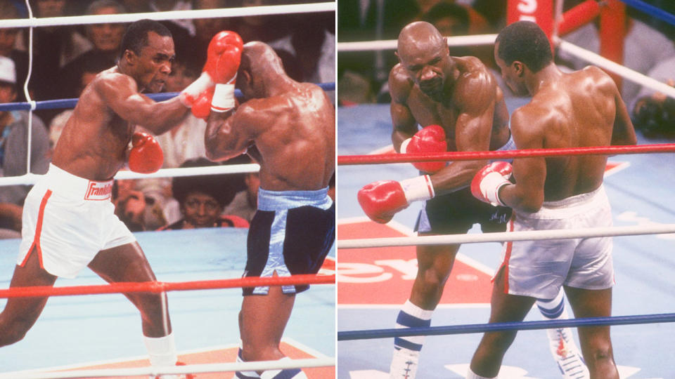 Pictured here, Marvin Hagler and Sugar Ray Leonard's epic fight in 1987. 