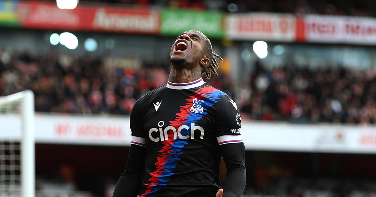  Arsenal target Wilfried Zaha of Crystal Palace reacts after a missed scoring opportunity during the Premier League match between Arsenal FC and Crystal Palace at Emirates Stadium on March 19, 2023 in London, England. 