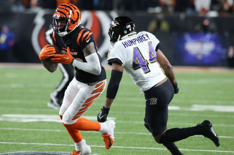 Cincinnati Bengals wide receiver Tyler Boyd (L) should receive more usage in Week 5 because of the rib injury sustained by Tee Higgins. File Photo by John Sommers II/UPI