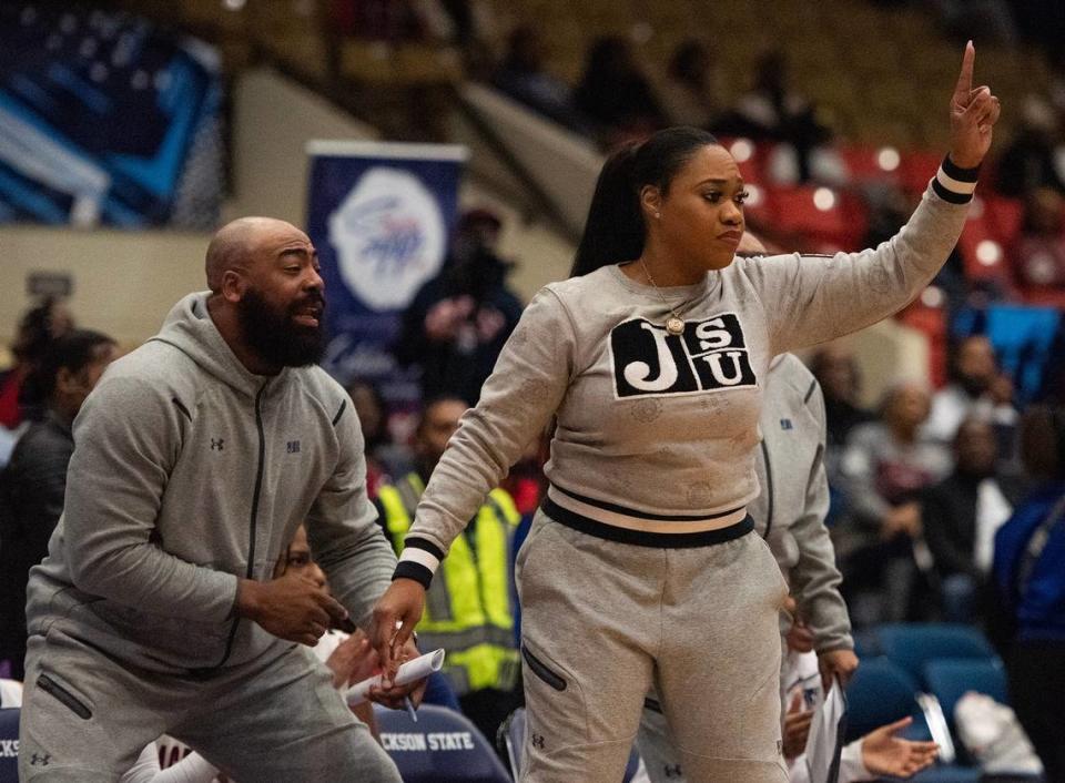Then-Jackson State assistant coach Chase Campbell, left, and head coach Tomekia Reed during a January game against Texas Southern.