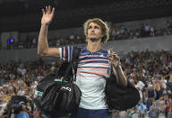 Germany's Alexander Zverev waves as he leaves Margaret Court Arena after defeating Spain's Fernando Verdasco in their third round singles match at the Australian Open tennis championship in Melbourne, Australia, Saturday, Jan. 25, 2020. (AP Photo/Andy Brownbill)