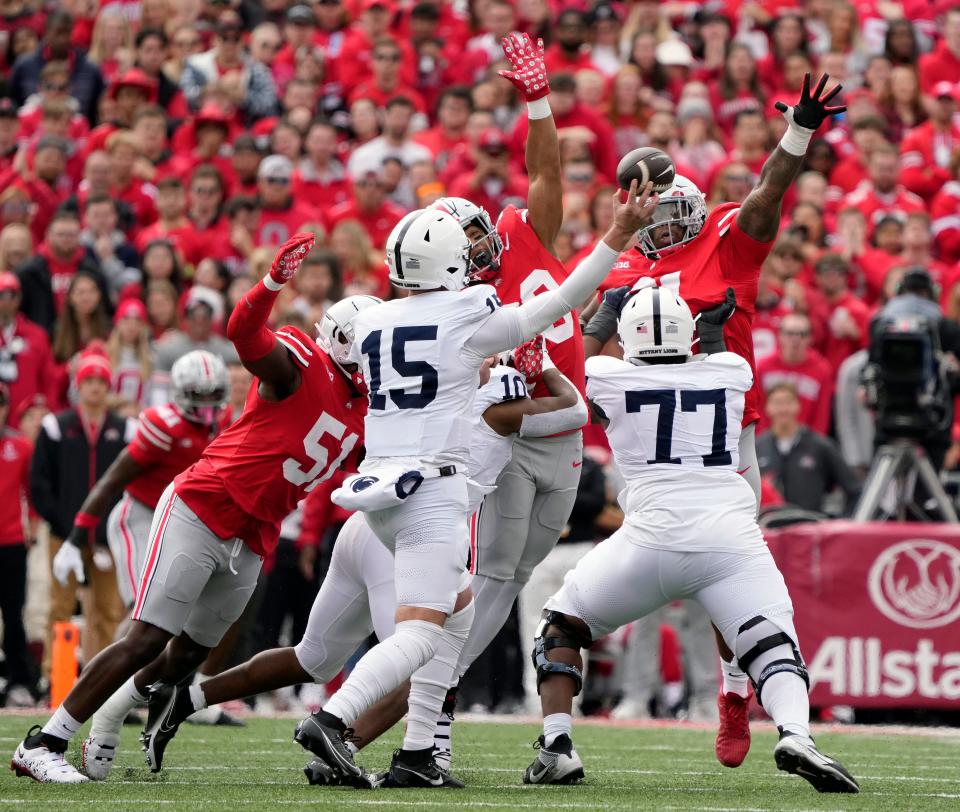 Tyleik Williams (91) leads the Buckeyes with six tackles for loss and tops all linemen with 29 tackles.