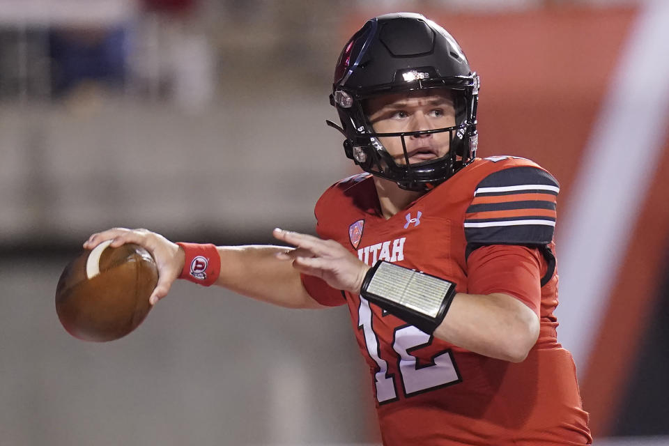 Utah quarterback Charlie Brewer throws a pass against Weber State during the first half of an NCAA college football game Thursday, Sept. 2, 2021, in Salt Lake City. (AP Photo/Rick Bowmer)