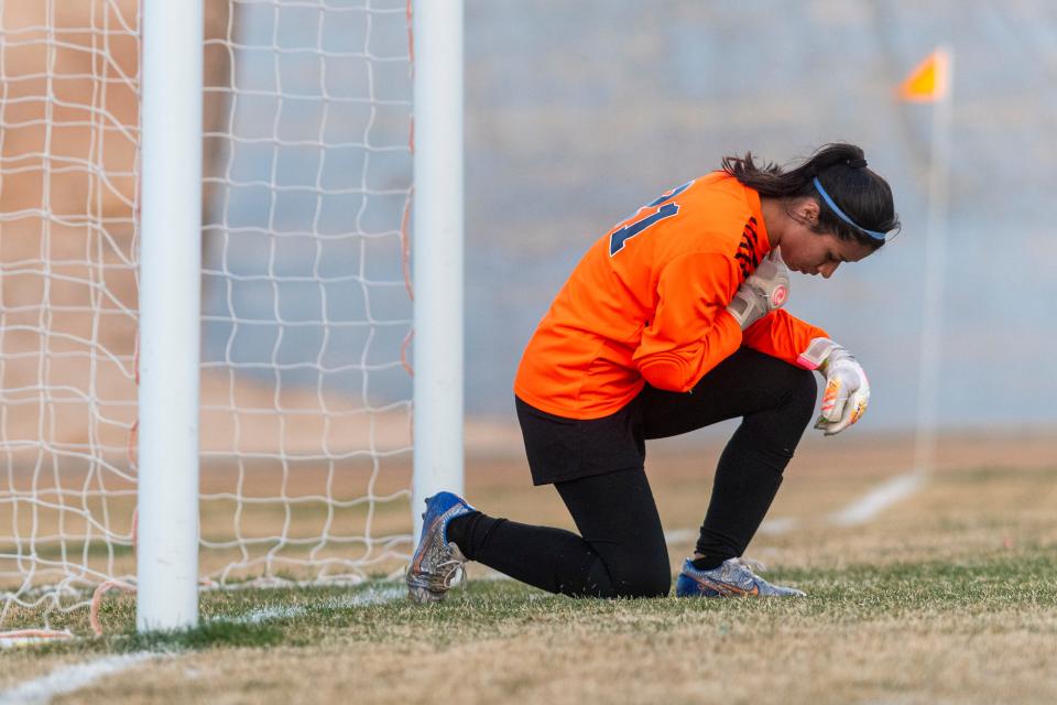 Apple Valley High School's goalie Sofia Hernandez prepares for the penalty kick shootout during the CIF-Southern Section Division 3 semifinals against Warren at Newton T. Bass Stadium on Saturday, Feb. 17, 2024. The Sun Devils won the match in a penalty kicks shootout.