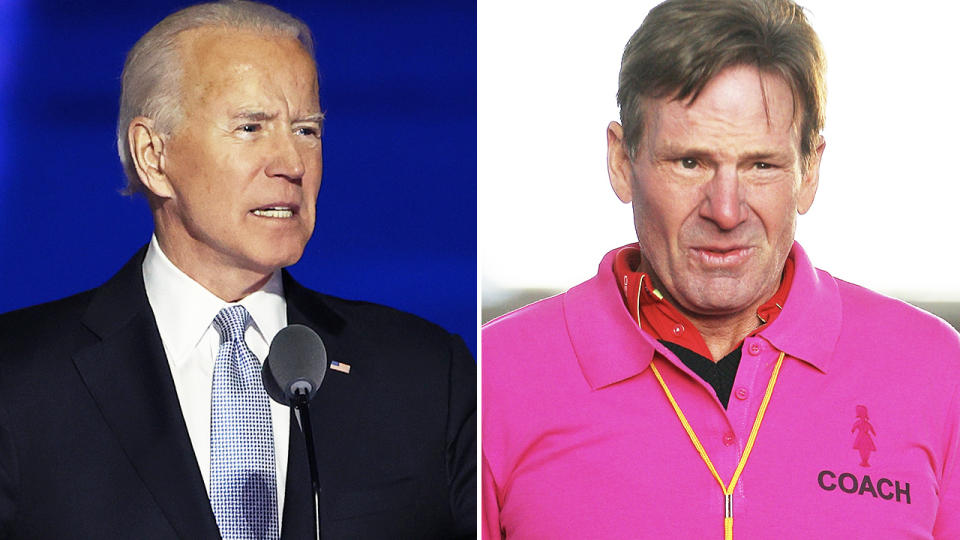 Joe Biden and Sam Newman, pictured here in their respective roles.