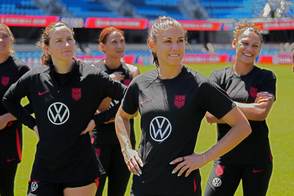 Alex Morgan stands along with Andi Sullivan, Lynn Williams and Trinity Rodman during training on July 8. (Brad Smith/USSF/Getty Images for USSF)