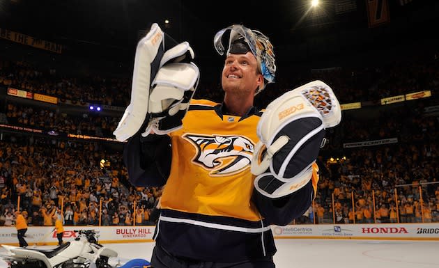 NASHVILLE, TN – APRIL 20: Goalie Pekka Rinne #35 of the Nashville Predators skates onto the ice as the first star of the game after a 4-1 victory in Game Four of the Western Conference First Round against the Chicago Blackhawks during the 2017 NHL Stanley Cup Playoffs at Bridgestone Arena on April 20, 2017 in Nashville, Tennessee. (Photo by Frederick Breedon/Getty Images)