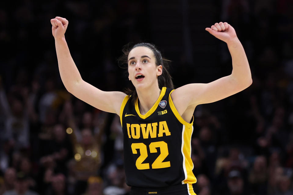 CLEVELAND, OHIO - APRIL 07: Caitlin Clark #22 of the Iowa Hawkeyes reacts in the second half during the 2024 NCAA Women's Basketball Tournament National Championship game against the South Carolina Gamecocks at Rocket Mortgage FieldHouse on April 07, 2024 in Cleveland, Ohio. (Photo by Steph Chambers/Getty Images)