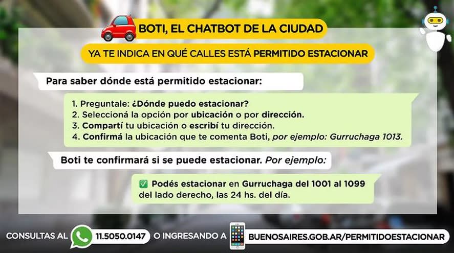 A través del servicio Boti, el chatbot de la Ciudad de Buenos Aires se puede consultar en qué lugares se puede estacionar