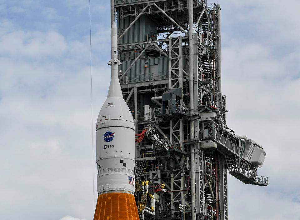 The Orion capsule sits atop the Space Launch System rocket at Kennedy Space Center on Friday, Sept. 2, 2022. A second attempt at launching the Artemis I mission the following day had to be scrubbed due to a hydrogen leak.