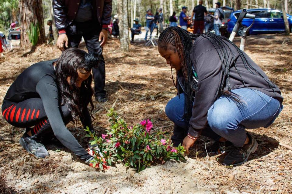 Megan, de 20 años, (a la izquierda) y Morgan, de 16, (a la derecha) Everett plantando azaleas en la propiedad del historiador Marvin Dunn en Rosewood, la Florida, el domingo 5 de marzo de 2023. Las hermanas se encontraban entre los más de 40 participantes que viajaron en el tour de Dunn que se detuvo en algunos de los lugares de violencia racial más horribles de la Florida.