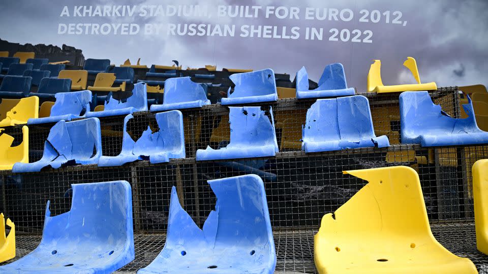 Damaged seats from a stadium in Kharkiv, Ukraine, are seen in an installation set up on June 17, 2024 in Munich, Germany. - Tobias Schwarz/AFP/Getty Images