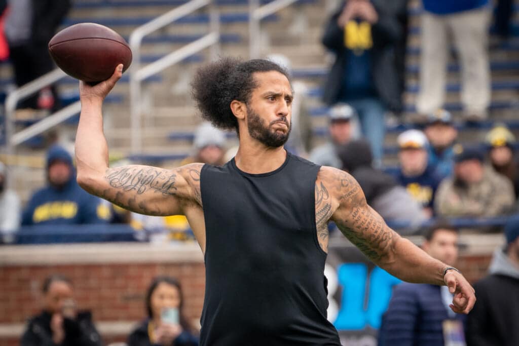 Colin Kaepernick participates in a throwing exhibition during half time of the Michigan spring football game at Michigan Stadium on April 2, 2022 in Ann Arbor, Michigan. (Photo by Jaime Crawford/Getty Images)
