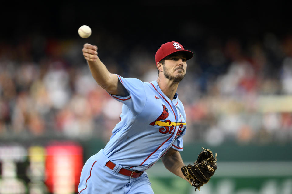 St. Louis Cardinals starting pitcher Dakota Hudson throws during the first inning of the team's baseball game against the Washington Nationals, Saturday, July 30, 2022, in Washington. (AP Photo/Nick Wass)