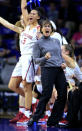 FILE - Stanford coach Tara VanDerveer celebrates a basket with her team during the first half of a second-round game against Kansas State in the NCAA women's college basketball tournament in Manhattan, Kan., Monday, March 20, 2017. VanDerveer, the winningest basketball coach in NCAA history, announced her retirement Tuesday night, April 9, 2024, after 38 seasons leading the Stanford women’s team and 45 years overall. (AP Photo/Orlin Wagner, File)