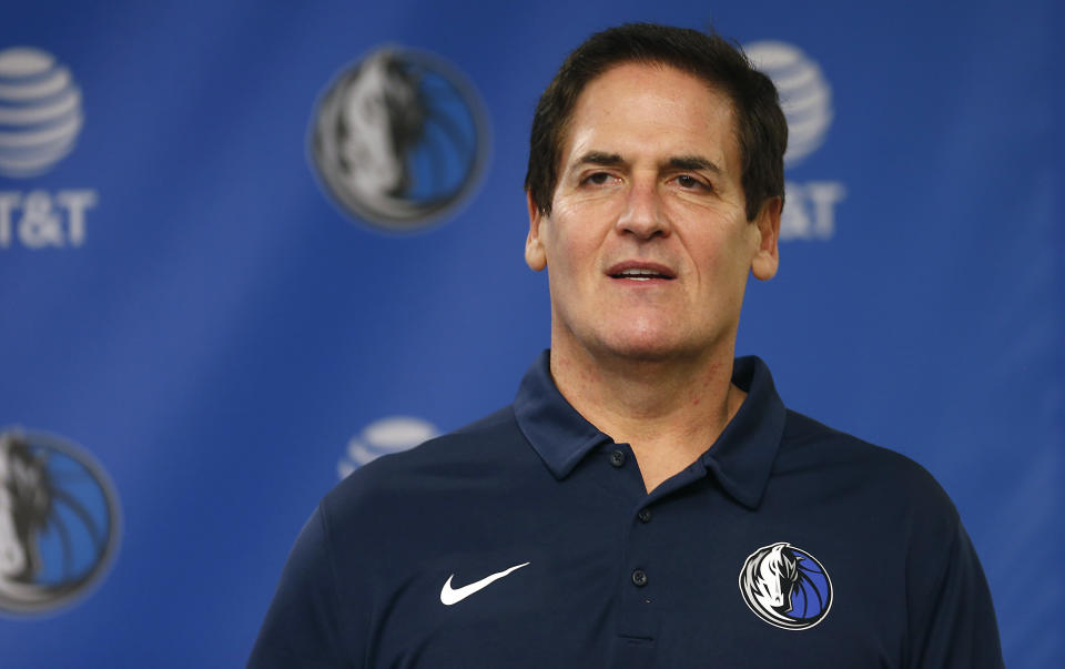 Mavericks owner Mark Cuban talks during a news conference Monday, Feb. 26, 2018, in Dallas. (AP)