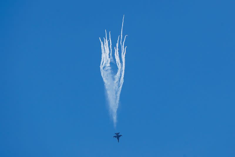 Polish fighter jet F-16 fighter jet flies over the Malacky Air Base