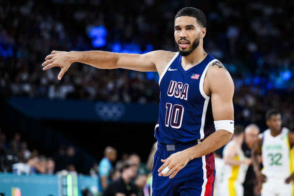 PARIS, FRANCE - AUGUST 6: Jayson Tatum of Team United States reacts during the Men's Quarterfinal match between Team Brazil and Team United States on day eleven of the Olympic Games Paris 2024 at the Bercy Arena on August 6, 2024 in Paris, France. (Photo by Tom Weller/VOIGT/GettyImages)